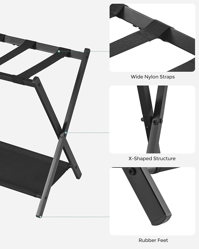 SONGMICS Luggage Rack, Foldable Suitcase Stand with Storage Shelf | Steel Frame, for Guest Room, Hotel, Bedroom, Black, URLR003B01 - Image 6