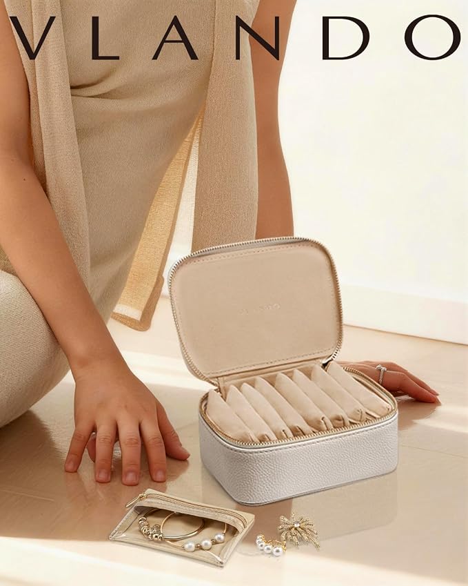 VLANDO Travel Jewelry Case with 8 Velvet Jewelry Bags Jewelry Travel Organizer Box for Girls Jewelry Box for Rings Earrings Brides Gifts Birthday Gifts for Women Teen(White) - Image 6