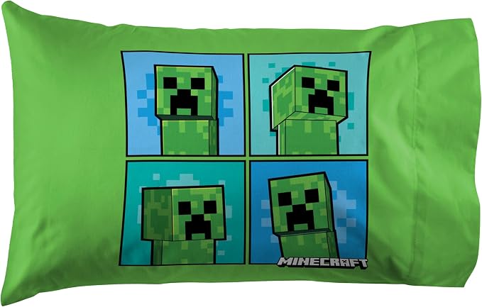 Jay Franco Kids Sheet Set with Fitted, Flat Sheets & Pillow Cover - Ultra-Soft Bedding with Pillowcase for Room Decor, Blue - Minecraft Creeper, 3 Piece Twin - Image 3