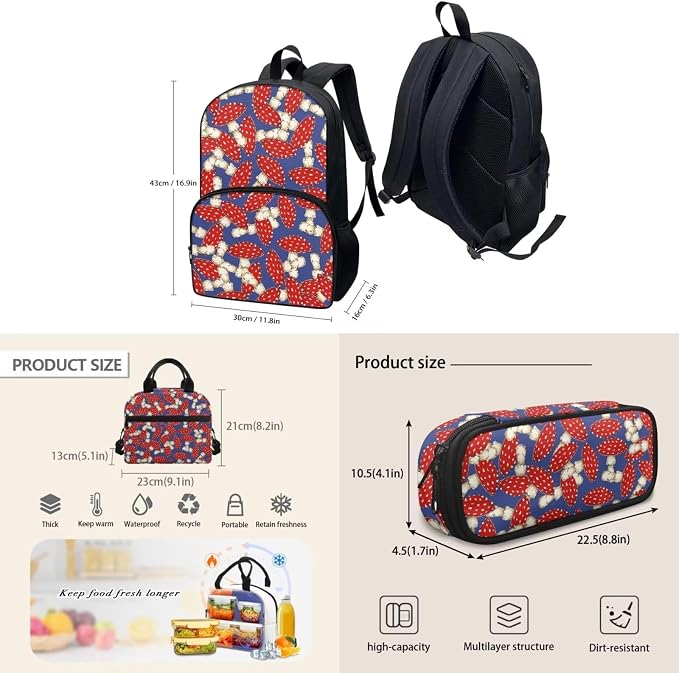 Blue Mushroom Backpack Set for Girls Kids Lightweight Cute School Backpack with Lunch Box Pencil Case Adjustable Strap Padded Book Bag Insulated Lunch Bag - Image 4
