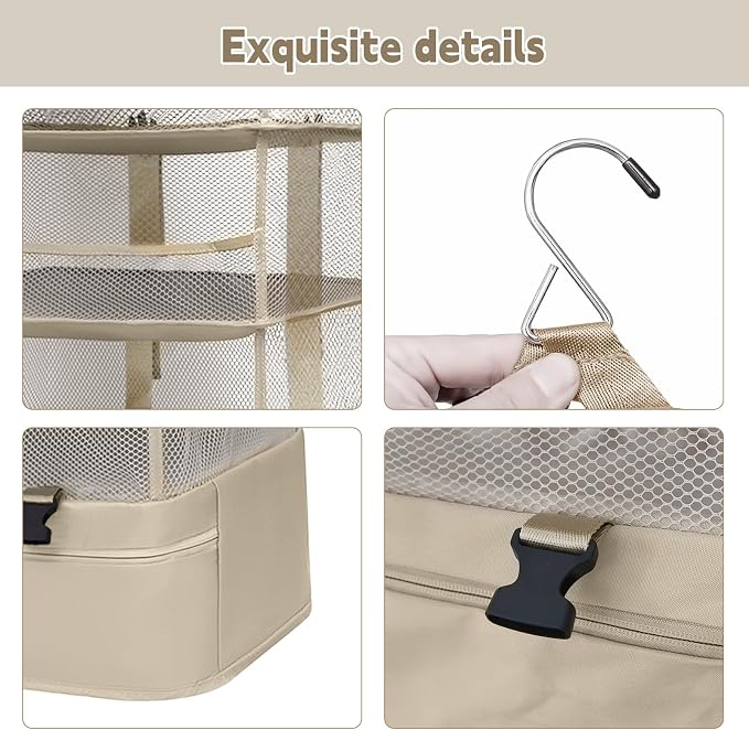 Hanging Packing Cubes for Travel, Oxford 300D fabric hanging storage organizer, can be carried on both shoulders (rice-white, L-1) - Image 5