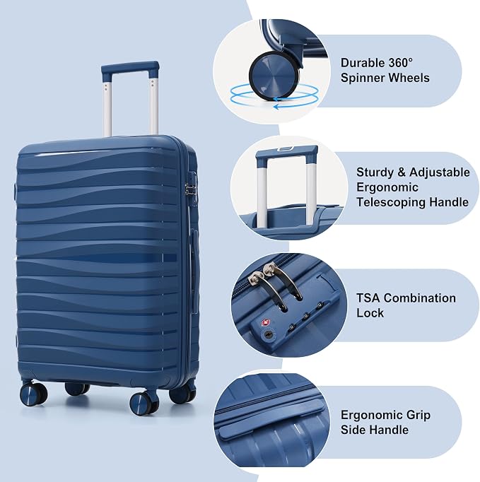 Hardshell Luggage Sets, Lightweight Wave Suitcases with Spinner Wheels, PP Blue - Image 2