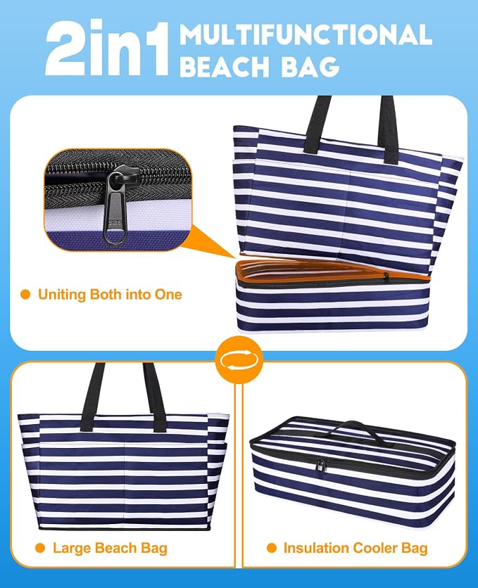 ISEYOU Beach Bag with Cooler, 49L Large Waterproof Sandproof Tote with Zipper, Foldable Travel Bag for Beach, Pool, Picnic - Image 6
