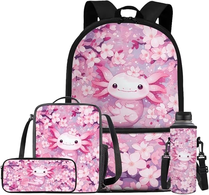 Cherry Blossom Axolotl Backpack for Girls Kids Backpack with Lunch Box Water Bottle Holder with Strap and Cute Pencil Case 4PCS Set Bookbag with Front Pocket for School 17 inch School Bag by ELEDIZI