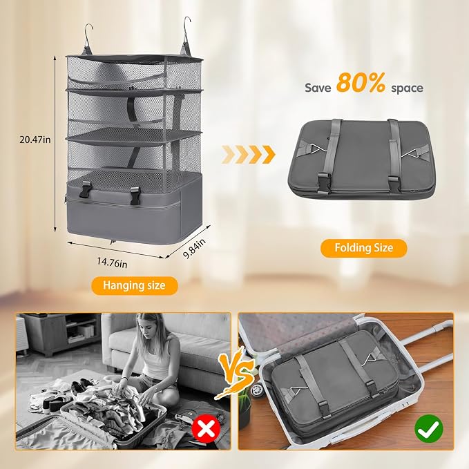 Hanging Packing Cubes for Travel - 300D Oxford Fabric Suitcase Organizer Hanging | Foldable Storage for Clothes, Shoes & Toiletries | Multi-Scene Gray Hanging Packing Cube (gray, l) - Image 4