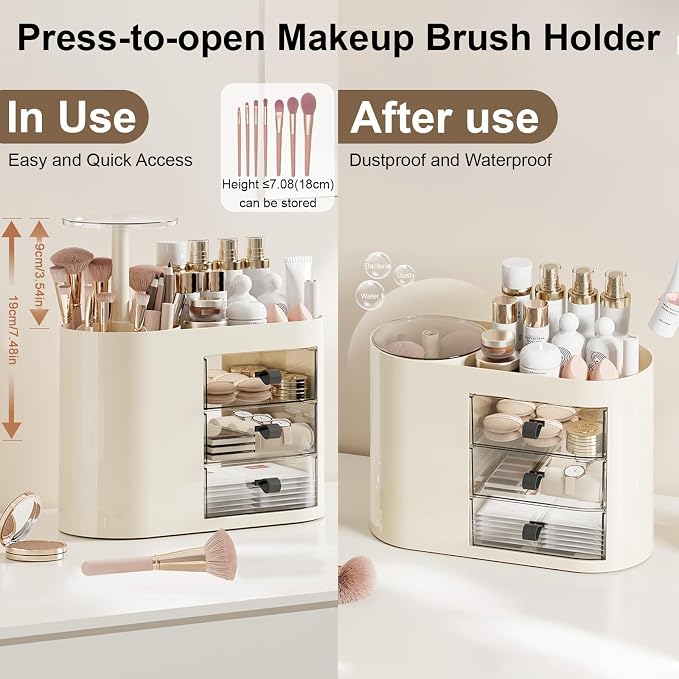 DASITON Makeup Organizer with 3 Drawers,Automatic Lifting Makeup Brush Holder with Lid,Large Capacity Makeup Organizers for Vanity,Bathroom Countertop,Ideal Storage Skin Care,Brushes,Lipstick (Cream) - Image 4