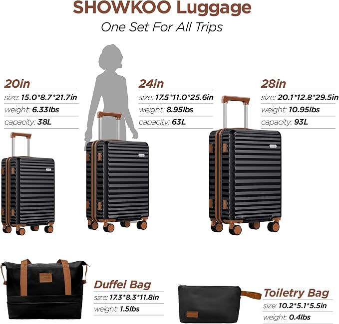SHOWKOO Luggage Sets 3 Piece Hardside Expandable Suitcase with Double Spinner Wheels Tsa Lock, (Black, 5 piece set) - Image 9
