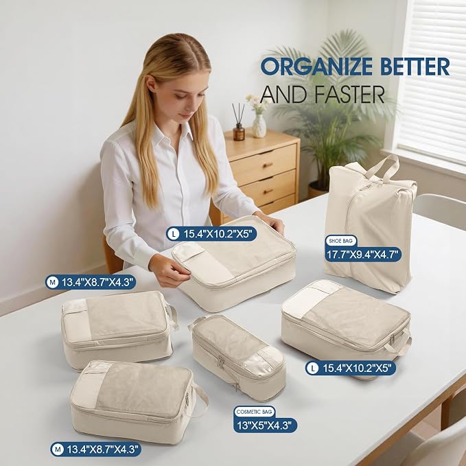 Compression Packing Cubes for Travel - Double Zipper Luggage Organizer Bags for Suitcases (6-Pack, Beige) - Image 2