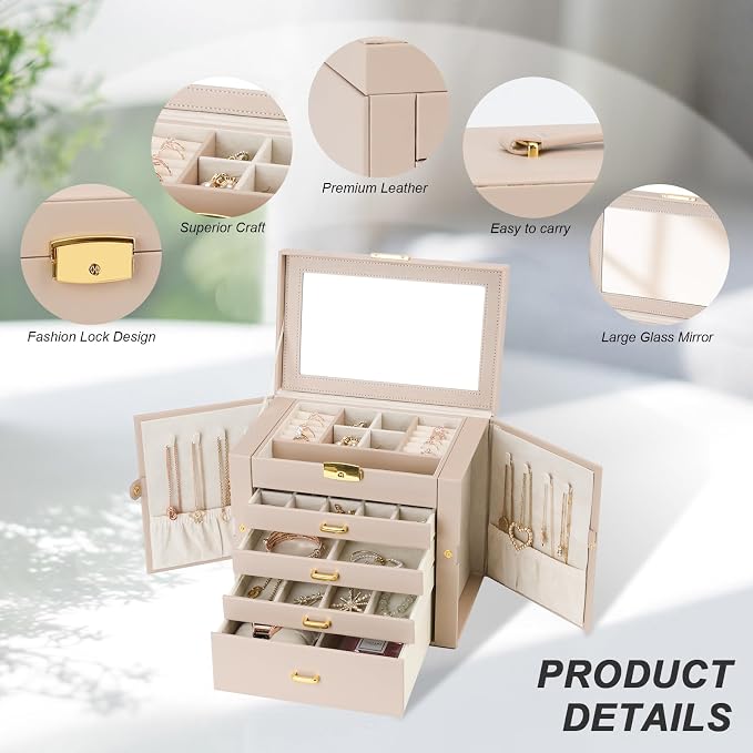 Jewelry Box, Women's Jewelry Organizer with Mirror, 5 Layers & 4 Drawers, Apricot - Image 5