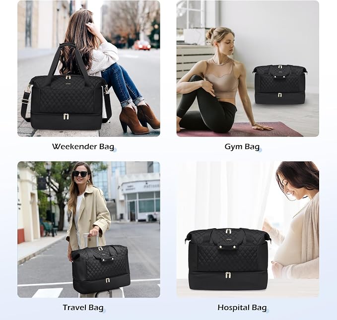 MDODO Travel Duffel Bag for Women Weekender Overnight Carry on Tote with Shoe Compartment Wet Pocket for Business Trips Travel Sports Gym Yoga Hospital, 3 Pcs Set, 43L, Black, Water-Resistant Nylon - Image 6