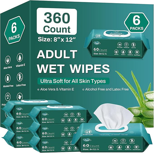 [360 Count] Adult Wipes for Elderly, 8" x 12" Extra Large Adult Wipes for Incontinence & Cleansing - Disposable Washcloth for Elderly Bathing No-Rinse - Vitamin E & Aloe