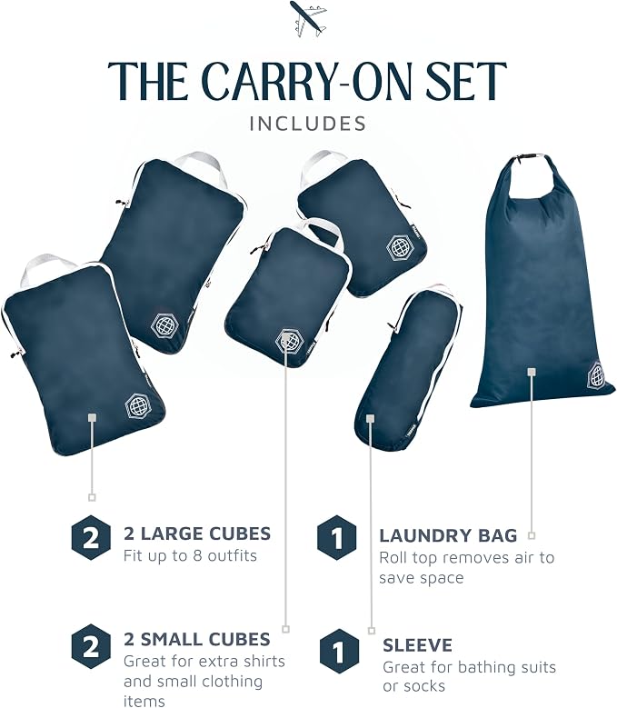 Compression Packing Cubes for Travel, 6-Piece Lightweight Packing Cubes Set for Carry-On Luggage & Backpacks – TRIPPED Travel Gear (Navy Blue and White) - Image 6