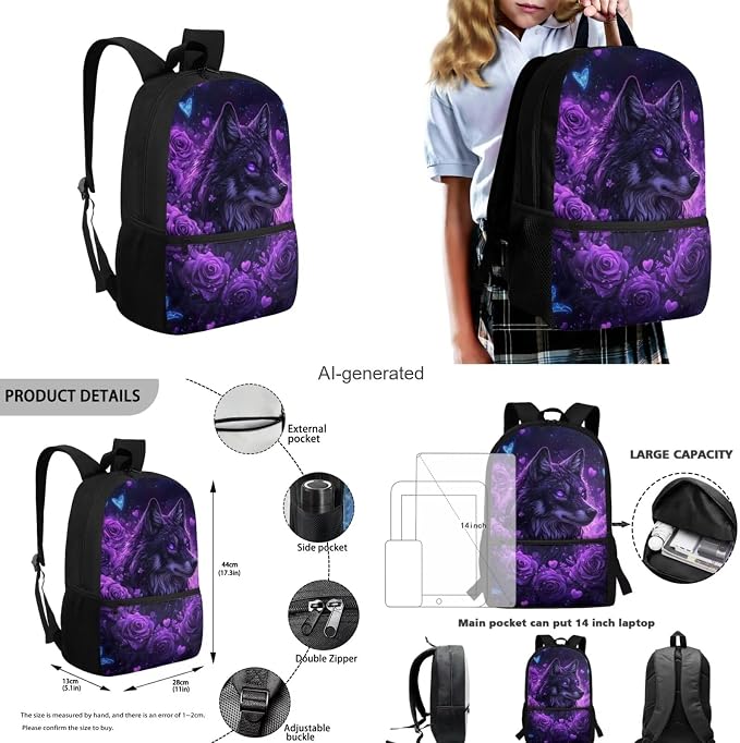Black Wolf Girls Backpack with Lunch Box Large Capacity Kids Bookbag with Pencil Case Adjustable Lightweight School Bag for Kindergarten, Elementary & Middle School - Image 3