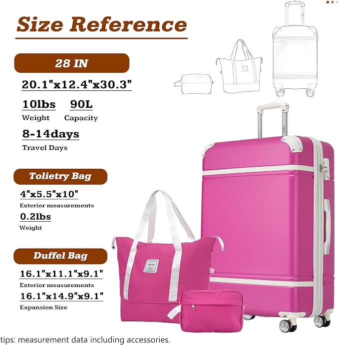 Merax Luggage Set,28 IN Hardside Suitcase with Duffel Bags,3 Piece Expandable Luggage with Spinner Wheels, Vintage Luggage with TSA Lock Lightweight,(Pink) - Image 2