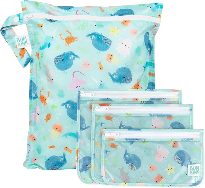 Bumkins - Waterproof Wet Bag & Clear Travel Bags - For Beach, Baby, Travel, Swim Suit, Cloth Diapers, Pump Parts, Pool, Gym, Toiletries - Reusable & Easy to Clean - Ocean Life Blue - 4 Pack by Bumkins