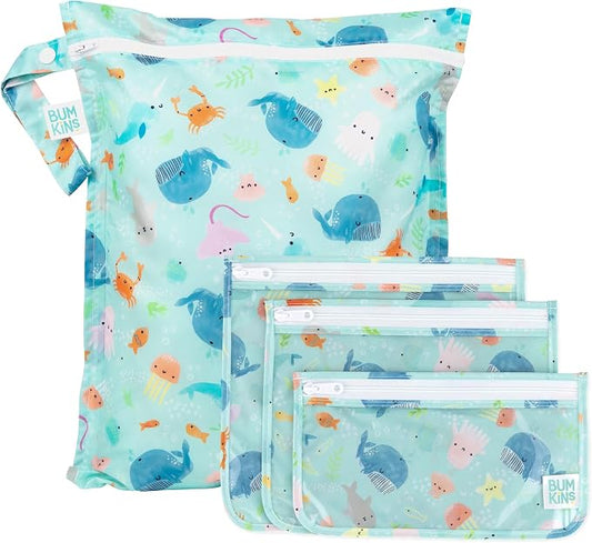 Bumkins - Waterproof Wet Bag & Clear Travel Bags - For Beach, Baby, Travel, Swim Suit, Cloth Diapers, Pump Parts, Pool, Gym, Toiletries - Reusable & Easy to Clean - Ocean Life Blue - 4 Pack by Bumkins