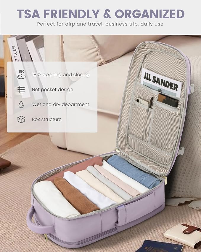 LOVEVOOK Travel Backpack For Women, 40L Carry On Backpack Flight Approved, TSA Personal Item Travel Bag Fits 17 Inch Laptop, Business Weekender Overnight Waterproof Daypack With 2 Cubes, Light Purple - Image 3