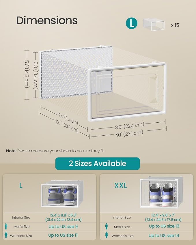 SONGMICS Shoe Boxes, Pack of 15 Shoe Storage Organizers, Stackable Clear Plastic Boxes for Closet, Sneakers, 13.1 x 9.1 x 5.6 Inches, Transparent and White ULSP015W02 - Image 5
