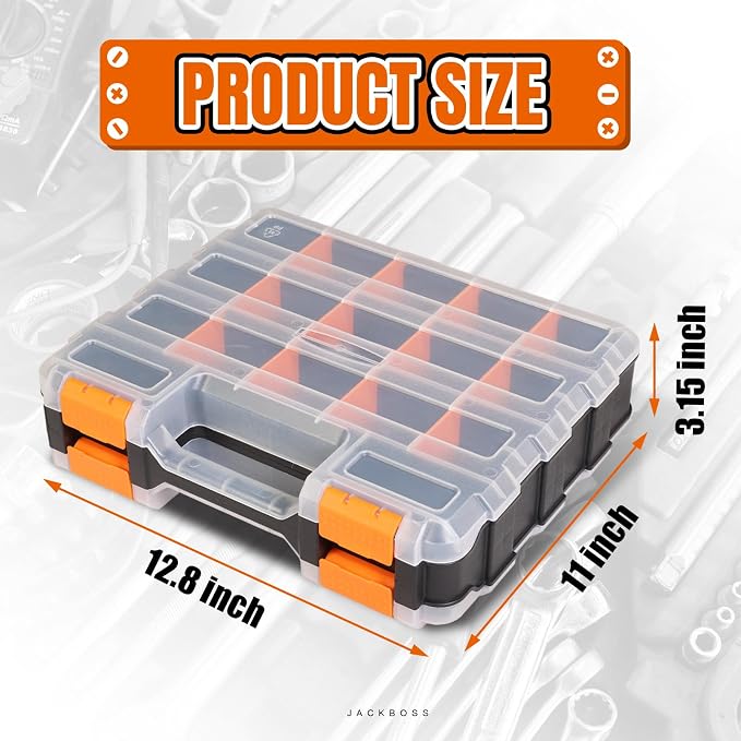Jack Boss Tool Box with Transparent Lid, Double Side 34-Compartments Organizer Box with Removable Dividers for Hardware, Screws, Bolts, Nails, Beads, Jewelry and Fishing Accessories, Orange, 2 Pack - Image 2