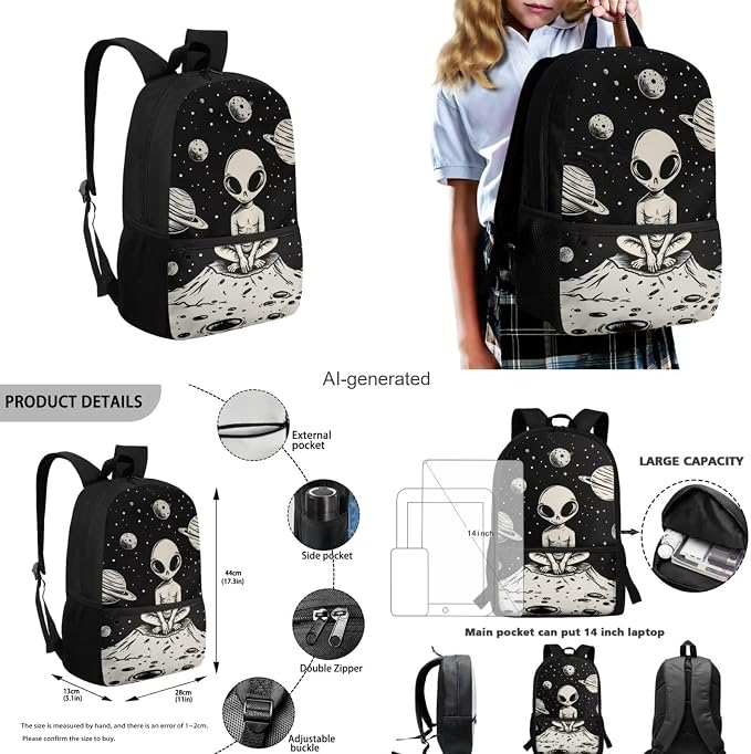 Space Alien Backpack Set with Lunch Box, Water Bottle Pouch, and Pencil Case for Boys & Girls, 17" Large School Bag - Image 3