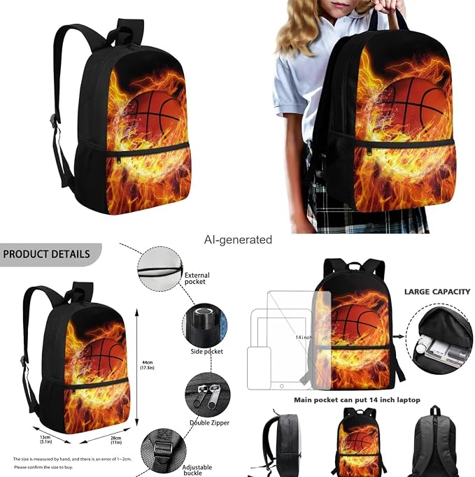 Basketball Backpack for Boys Kids Backpack with Lunch Box Water Bottle Bag and Soft Pencil Case 4PCS Set Bookbag with Front Pocket for School Teens 17 inch Large Capacity School Bag for Girls - Image 3