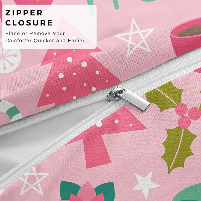 Pink Christmas Duvet Cover Full Size Set - Kids Girls Christmas Bedding Bedroom Decor, Comforter Cover & 2 Pillowcases 3 Pieces - Cartoon Santa Theme, New Year, Lovely Home Collection Quilt Cover - Image 4