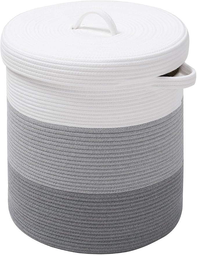 16x18 Inch Extra Large Round Cotton Rope Storage Basket with Lid, Decorative Woven Bin with Cover for Living Room Bedroom Closet, Light Grey & Grey - Image 4