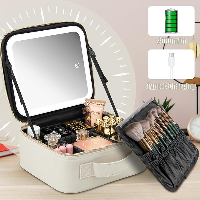 Extrei Gent Makeup Travel Train Case with Mirror LED Light 3 Adjustable Brightness Large Cosmetic Bag Portable Storage Adjustable Partition Waterproof Make up Brushes Makeup Jewelry Gift for Women - Image 3