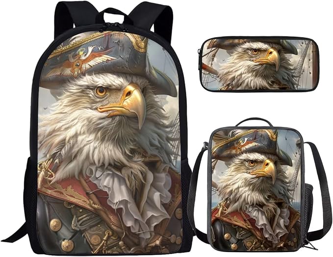 17 Inch Animal Print School Backpack And Lunch Box Set for Kids Lightweight Pirate Bald Eagle Backpack for Boys Girls Sturdy School Bag with Insulated Lunchbox Pencil Case Student Bookbag by Parprinty