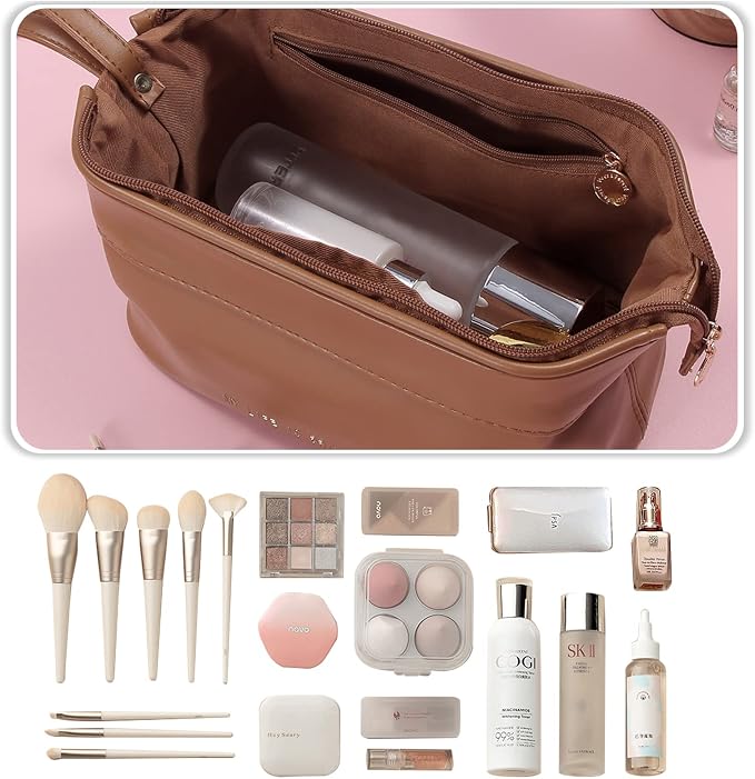 CORIOS Toiletry Bag For Women Portable Make Up Bag Waterproof Wash Bag PU Leather Cosmetic Bag Bathroom Shower Bag Multifunctional Travel Organizer For Shampoo, Cosmetics, Toiletries Brown C - Image 5