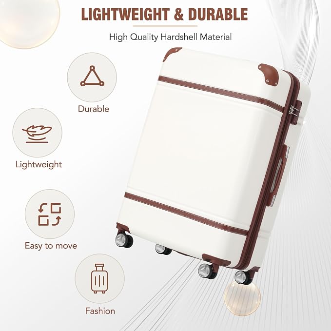 Merax Luggage Set 3 Piece Suitcase Set with 1 Cosmetic Case Expandable Spinner Wheels Vintage Luggage Sets(White,20"+24"+28") - Image 3