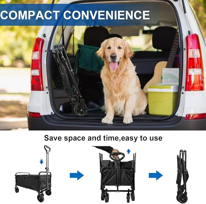 Collapsible Wagon with Quiet Wheels - Silent Grocery Shopping Cart for Seniors, Foldable Utility Cart for Laundry & Apartment, Washable Heavy Duty Rolling Wagon with Two Mesh Pockets, Black - Image 6