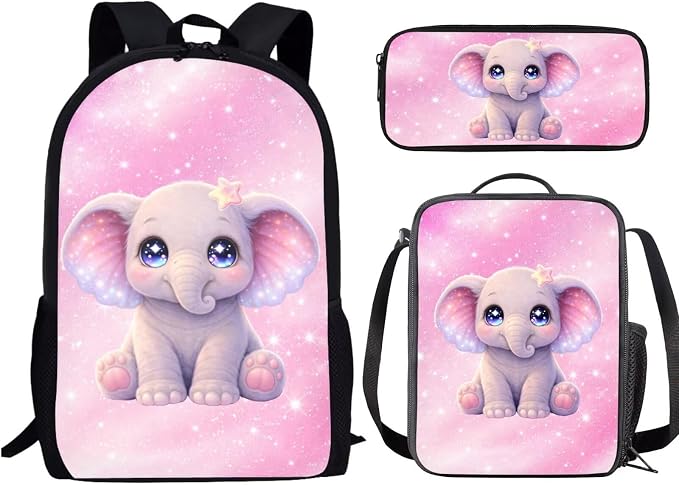 Forchrinse Cartoon Elephant Backpack with Lunch Box Set for Girls 8-12 Elementary Bookbag 3 In 1 School Bag with Lunch Bag Pencil Case Middle High Back Packs Daycare Satchel Rucksack by Forchrinse
