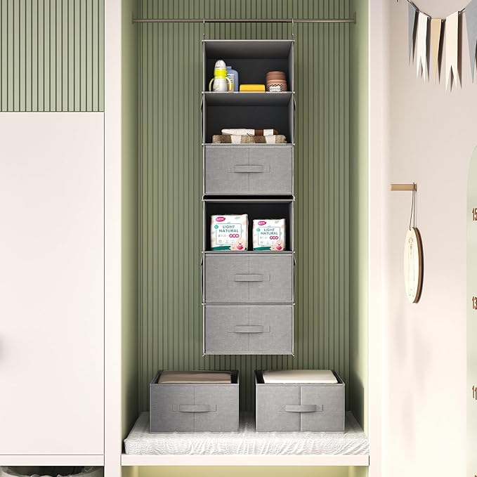 Vailando 6-Tier Hanging Shelves for Closet, Two 3-Shelf Hanging Closet Organizer w/ 4 Side Pockets and 3 Drawers, Combinable for Dorm Wardrobe Organizer and RV Storage and Organization - Image 2