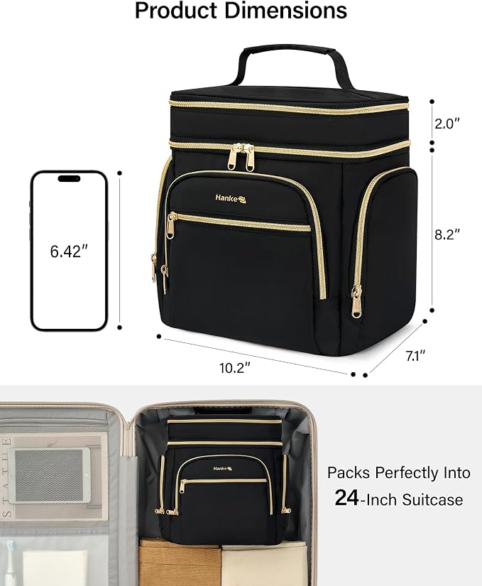 Hanke Large Toiletry Bag for Women Travel, Double Layer Organizer with Wide Opening for Full-Size Cosmetics & Toiletries, 12.2L Water-Resistant Makeup Bag,Black - Image 7