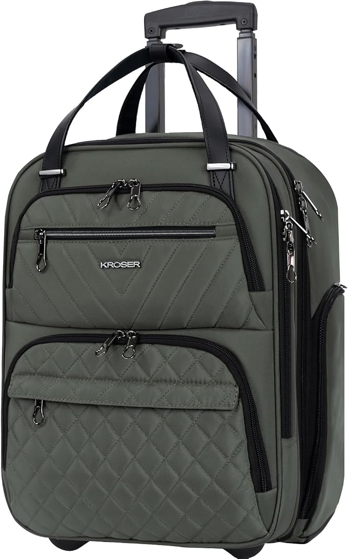 KROSER Carry On Underseat Multi-functional, 16-inch Underseater Lightweight Overnight Suitcase for Women, Army Green by KROSER