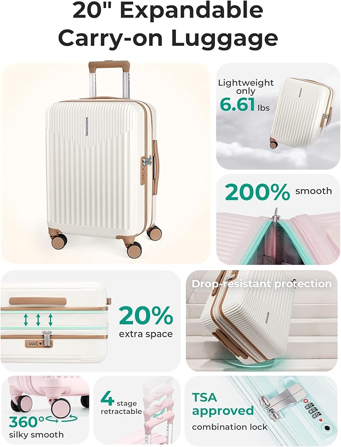 BAGSMART Carry On Luggage 22x14x9 Airline Approved with Spinner Wheels,100% PC Hardside Expandable Luggage with TSA Lock for Trips, 20 Inch Rolling Suitcases for Men Women,Beige