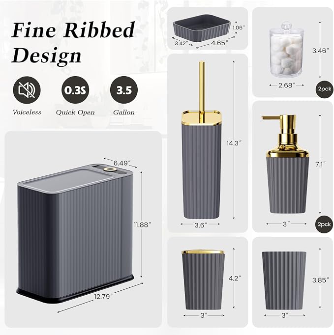 XLHOMO 9-Piece Dark Gray Bathroom Accessories Set - Durable & Sleek Kit with Slim Narrow Trash Can, Toilet Brush & Soap Dispensers - Space-Saving Modern Bathroom Decor - Image 2