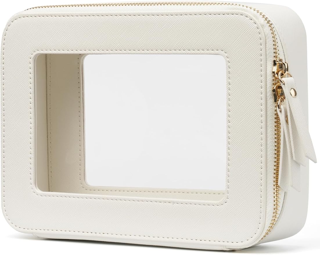Popvibe Clear Makeup Case White Toiletry Bag Travel Medium Clear Cosmetic Bag with Zipper, Small Make Up Bag Organizer Traveling TSA Approved Transparent Bag Car for Essentials by POPVIBE