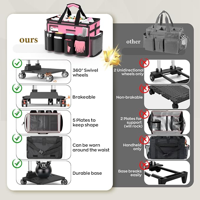 Cleaning Caddy with Wheels - Rolling Cleaning Caddy Bag with Detachable Trolley, Cleaning Caddy for Cleaning Supplies, Cleaning Bag for Housekeeping, Pink - Image 7