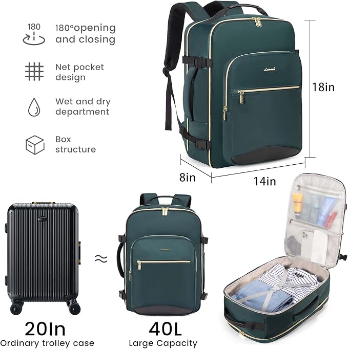 LOVEVOOK 40L Large Travel Backpack for Women Men, 17 Inch Carry on Backpack for Traveling on Airplane, Personal Item Travel Bag Airline Approved, Business Causal Weekender Backpack, Green-Black - Image 3