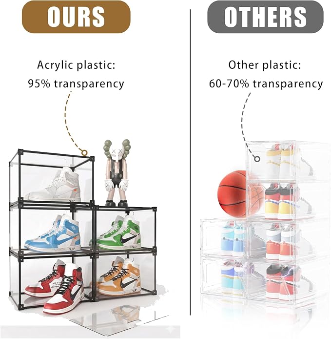 Magnetic Side Open Transparent Plastic Storage Shoe Box Clear Shoe Display Case Sneaker Shoe Storage Box Display Box Shoe Container Clear Closet Shelf Shoe Organizer (Black 4PC) - Image 6