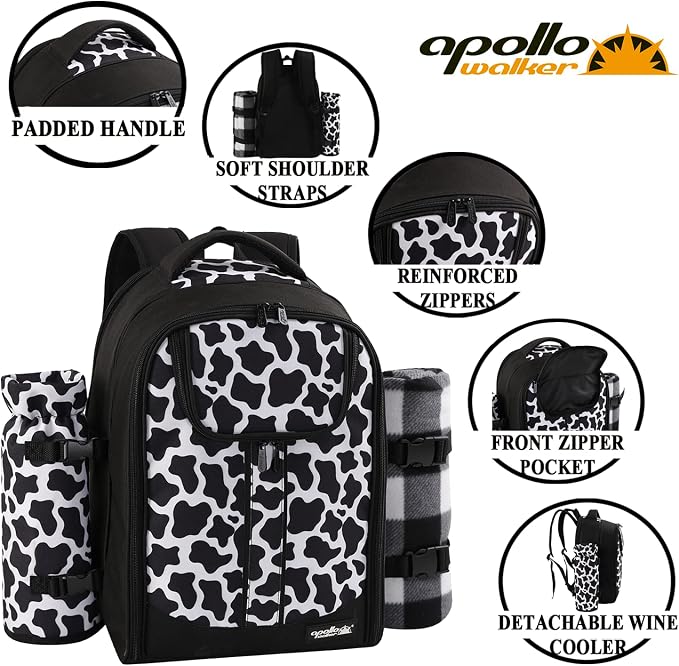 apollo walker Picnic Backpack Bag for 2 Person with Cooler Compartment, Detachable Bottle/Wine Holder, Fleece Blanket, Plates and Cutlery Set (2 Person, Black) - Image 6