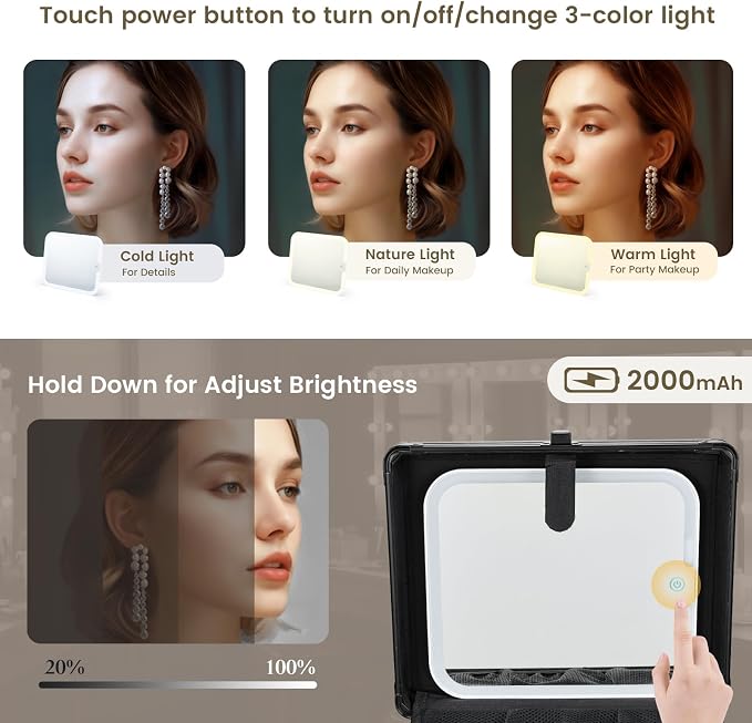 Faquenc Makeup Case with Lighted Vanity Mirror, Makeup Organizer Box Travel Make up Case with LED Mirror Portable Cosmetic Train Case for Countertop Lockable Makeup Suitcase with Adjustable Dividers - Image 3