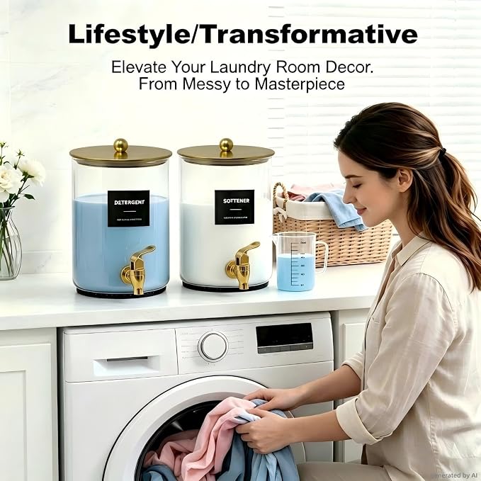 Glass Laundry Detergent Dispenser,1 Gallon Large Liquid Soap 1Pack(Gold) | Complete borosilicate jars set with leakproof spigots, protective silicone mats, minimalist labels, and dosing cups. - Image 8