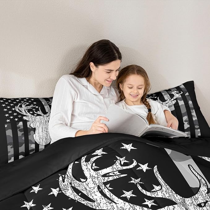 American Flag Bedding Set Deer Camo Comforter Set King for Kids Boys Teen Man,Western Rustic Black Grey Military Camouflage Bedding Comforters Hunting Deer Antlers Quilt Duvet for All Season 3 Pcs - Image 5