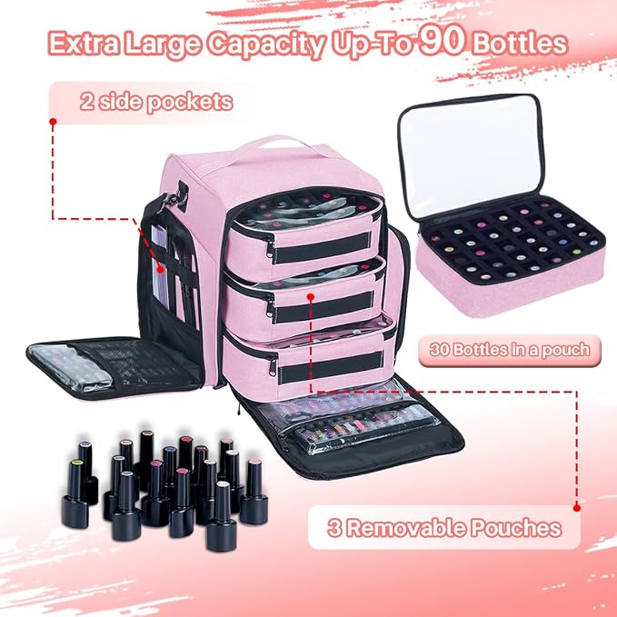 Nail Polish Organizer Case Hold 90 Bottles with 3 Detachable Bag,Pink | Portable Travel Storage Box Designed for Women's Nail Tools, Essential Oils and Cosmetics Sets - Image 4