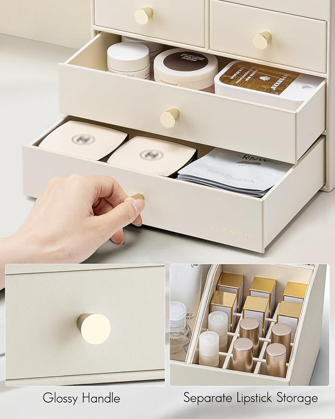 VLANDO Makeup Organizer,Vanity Organizer with Drawers, PU Leather Skincare Organizer Perfume Organizer,Large Cosmetic Display Case for Lipstick,Brushes Gifts for Women, Beige, 4 Layer - Image 3