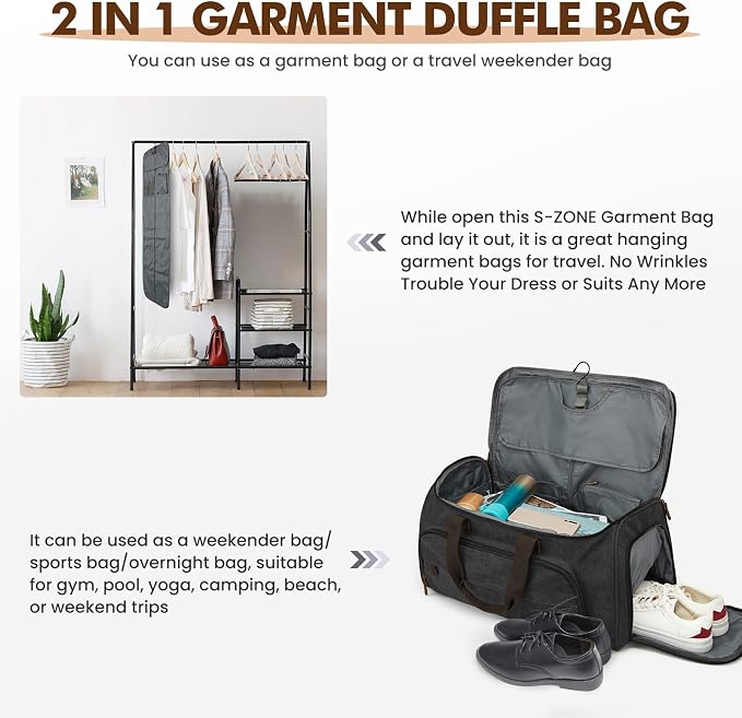 S-ZONE Carry On Garment Bag for Travel Convertible Garment Duffle Bag Suit Bags for Men Women Travel 2 in 1 Hanging Suitcase Business Travel Bag with Toiletry Bag, Black, 50l | 2-in-1 Hanging Suitcase, with Toiletry Bag, Wet/Dry Pockets, Shoe Compartme... - Image 5