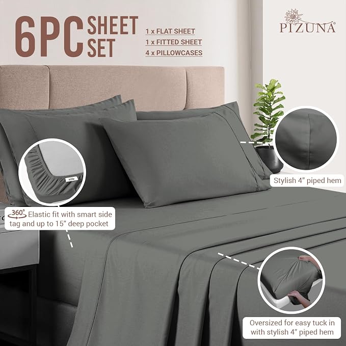 Pizuna Pure 100% Cotton Queen Size Sheet Set Dark Grey, Luxurious 400 Thread Count Long Staple Cotton Sateen Sheets with 15" Deep 2 Extra Pillowcase (Combed Cotton Bed Sheet Set) - Image 3